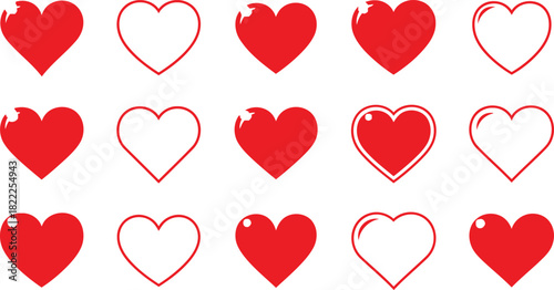 Vector Illustration of Diverse Red Heart Shapes Collection for Love, Romance, Valentine's Day, and Emotional Design