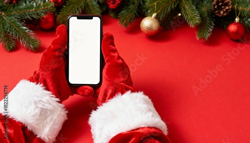 Santa Claus hands holding a smartphone with blank white screen on a festive red background, surrounded by Christmas ornaments and pine branches, perfect for holiday ads and digital mockup designs.