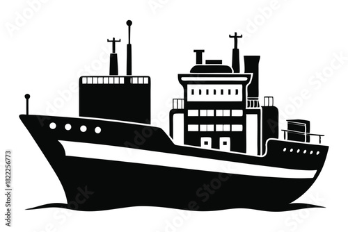 A black cargo ship sailing smoothly on water is depicted in format