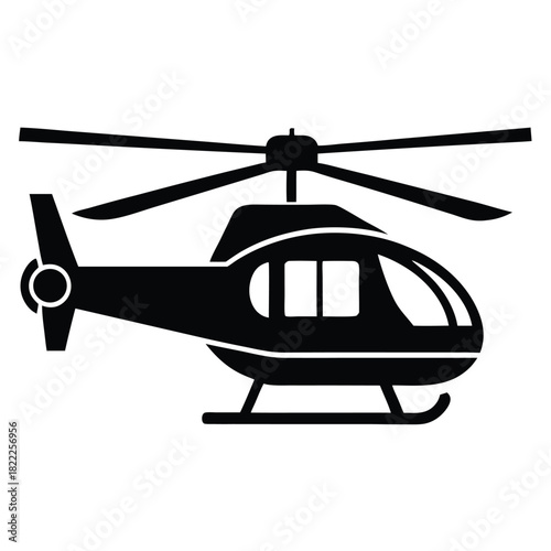 A black helicopter silhouette shows detailed windows and rotors on a white background