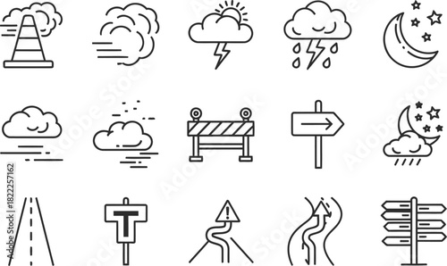 Vector Illustration of Weather, Road & Navigation Line Icons Set. Forecast, Traffic, Direction & Warning Symbols.