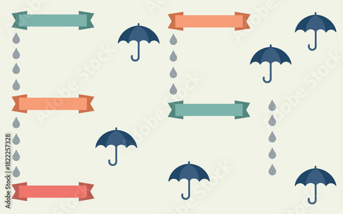 Flat design featuring umbrellas, ribbons, and raindrops arranged in a playful, scattered pattern layout