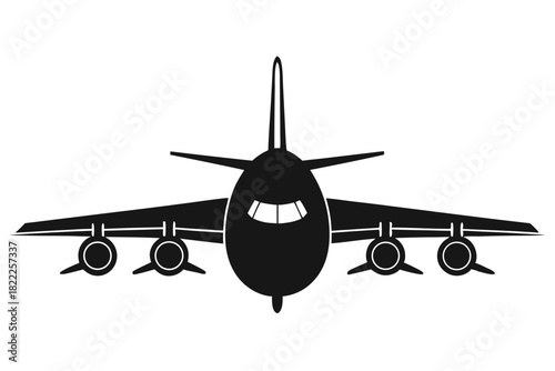 A commercial aircraft with four engines is depicted in black silhouette facing forward