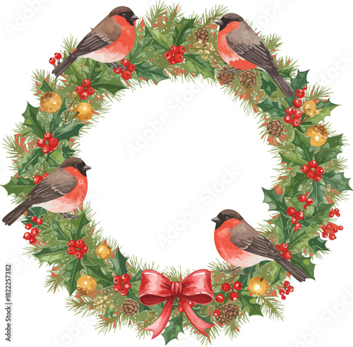 Festive watercolor christmas wreath adorned with charming bullfinch birds and red berries decorated with lights and a bow