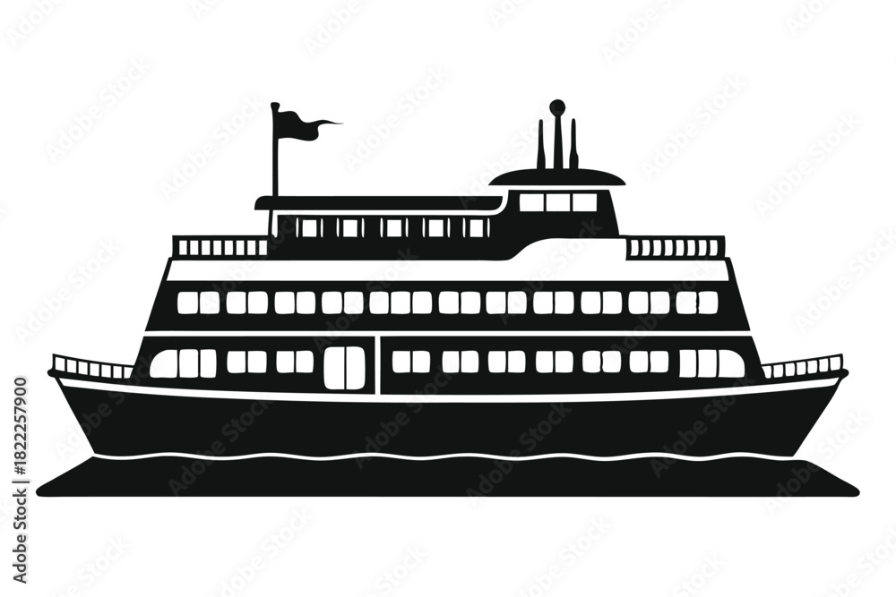 Obraz premium A silhouette illustration shows a double decker ferry boat sailing on the water