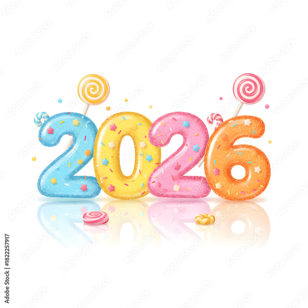 Fototapeta premium Happy new year 2026 celebration with colorful balloons and candies
