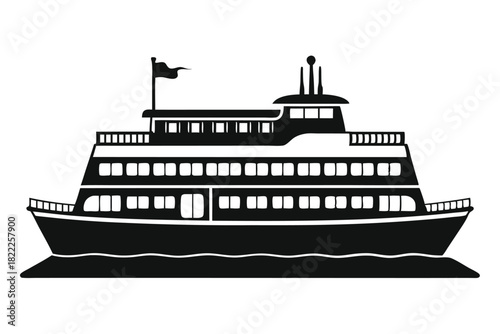 A silhouette illustration shows a double decker ferry boat sailing on the water