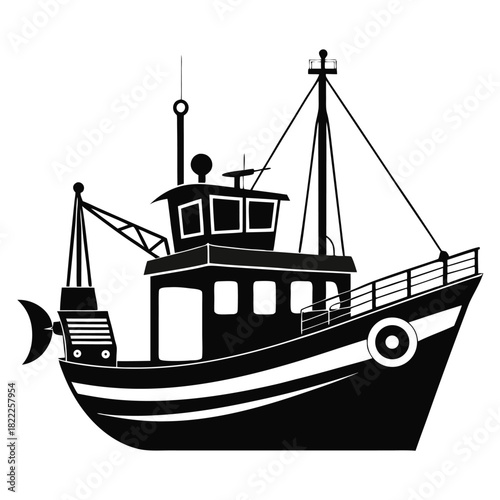 A monochrome cartoon fishing trawler displays stylized lines and details against a bright background