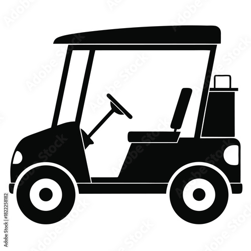 A simple black silhouette of a golf cart with basic details is displayed