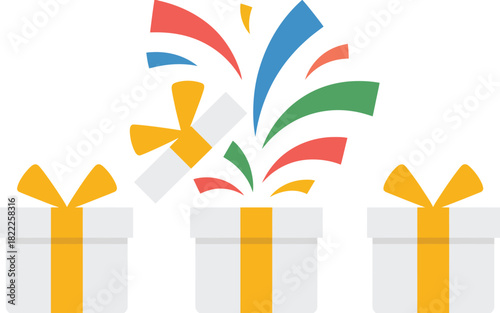 Three white gift boxes with yellow ribbons and one open box with colorful confetti exploding out of it