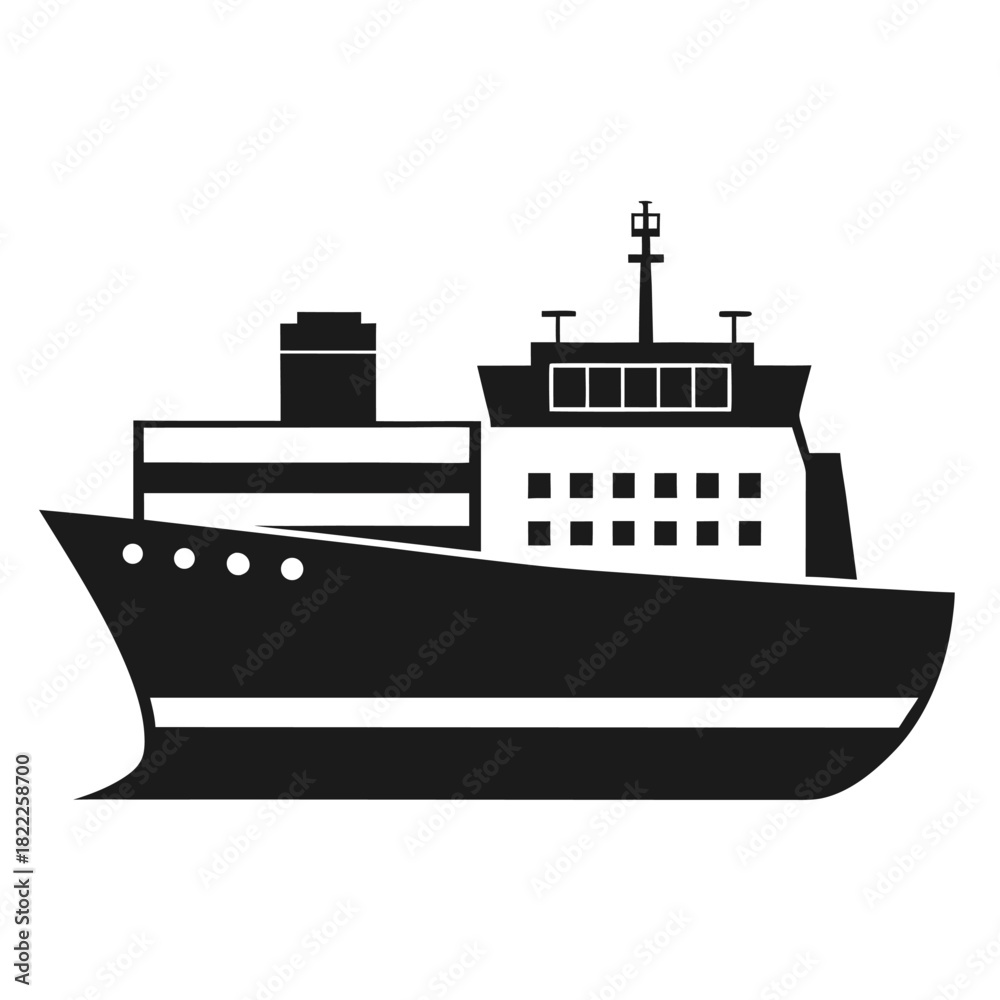 Obraz premium A simple monochrome ship icon represents a vessel on the water in form