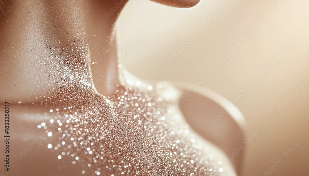 Fototapeta premium Close-up of a womans shoulder and neck adorned with sparkling glitter, creating a dazzling effect.
