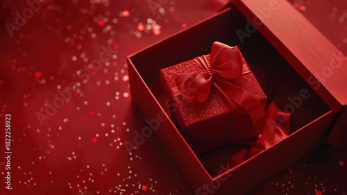 A red box with a bow on top of it. The box is open and the bow is visible