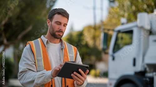 A utility supervisor reviewing GIS maps on a tablet while standing on-site, coordinating crew assignments and documenting infrastructure updates in real time — smart utility management, field