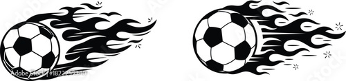 Dynamic black and white illustration of two soccer balls with fiery flames trailing behind them in motion