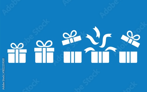 White gift boxes with ribbons and confetti on a blue background in a sequence of opening presents