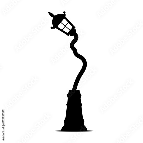 Crooked street lamp. Black silhouette. Vertical front and side views. Vector simple flat graphic illustration. Isolated object on a white background.