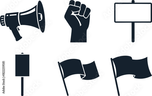 Vector Illustration of Protest and Activism Icons Set: Megaphone, Raised Fist, Flags, and Signs for Social Movements