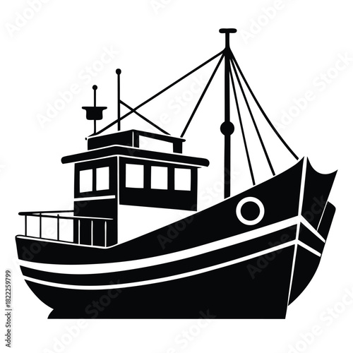 A striking black fishing boat features a tall mast and a detailed design