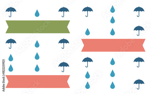 A pattern of blue umbrellas and raindrops with green and pink banner shapes on a white background