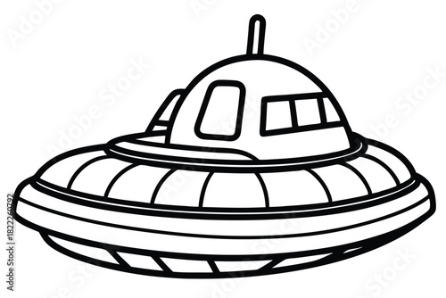 An extraterrestrial spacecraft outlines show a classic flying saucer hovering still on bright background