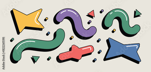 A playful assortment of colorful shapes including stars, curves, and triangles on a light background