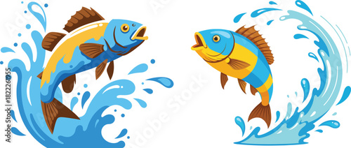 Two vibrant cartoon carp fish leaping energetically from splashing blue water creating dynamic waves and energetic motion