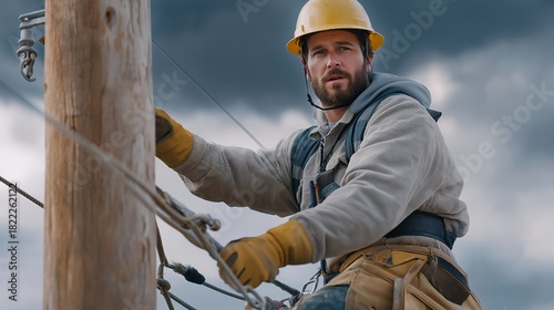 A powerline technician climbing a tall utility pole with a full safety harness, tools strapped to their belt as storm clouds gather in the background — electrical grid repair, high-risk skilled
