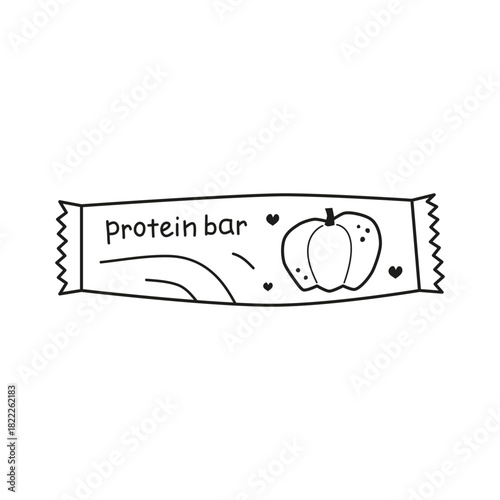 Cute hand drawn outline protein bar with pumpkin isolated on white background. Protein snack in packet. Hand written text.