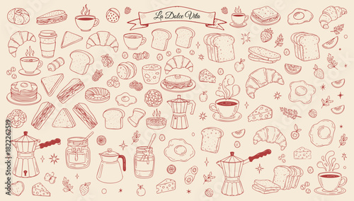 La Dolce Vita Breakfast Doodles — Minimal Hand-Drawn Brunch and Coffee Line Art Vector