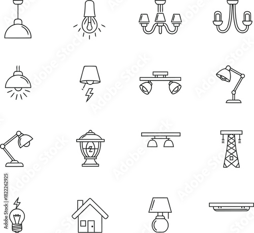 Vector Illustration of a Comprehensive Set of Lighting Fixtures Icons: Lamps, Chandeliers, Pendants, and Sconces for Interior Design