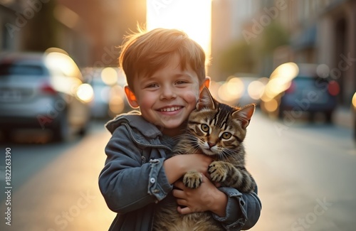 Fototapeta Naklejka Na Ścianę i Meble -  A happy little boy hugs his tabby cat close. They are on a street with soft sun light. Cars are blurred in background. A symbol of pure friendship and childhood joy.