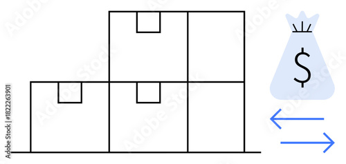 Stacked warehouse boxes organized on a platform with a money bag and exchange arrows highlighting financial transactions, logistics, and inventory flow. Ideal for supply chain, e-commerce, trade