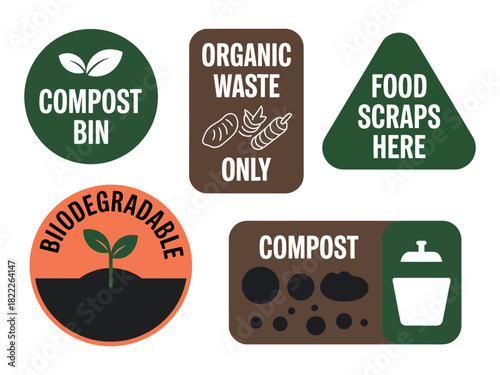 Collection of eco-friendly recycling and composting signs for waste management and sustainability.