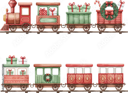 Whimsical christmas train with festive carriages carrying gifts and decorations perfect for holiday celebrations and winter scenes