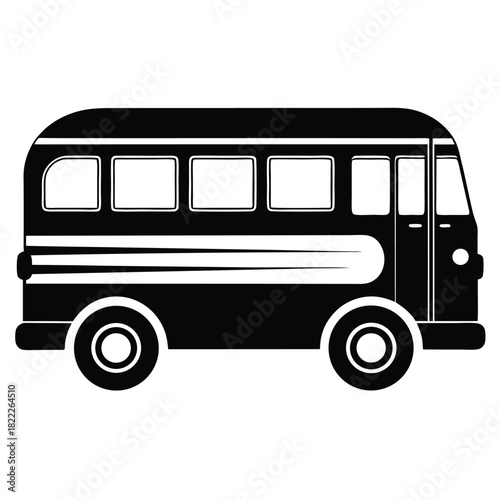 Black bus possesses rounded windows and tires with stylish white stripes on its body