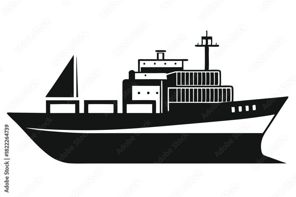 Obraz premium Black cargo ship illustration carrying containers across waters with a clear white background