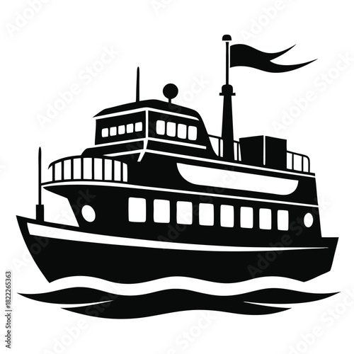 Black ferryboat traverses the water, highlighted by a solitary flag flying freely in the wind