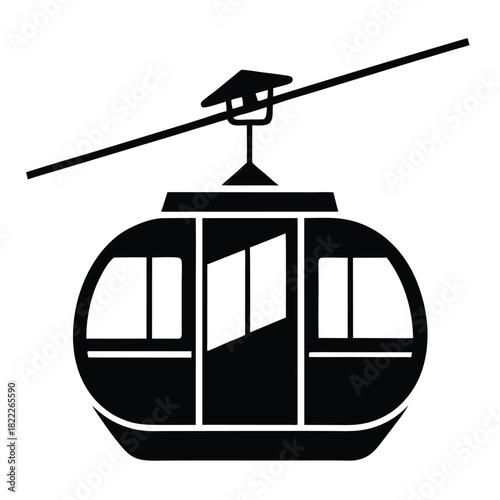 Black gondola soars atop a monochrome mountain railway cable system against a white backdrop