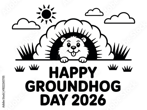 Cute groundhog peeking out of burrow on sunny Groundhog Day