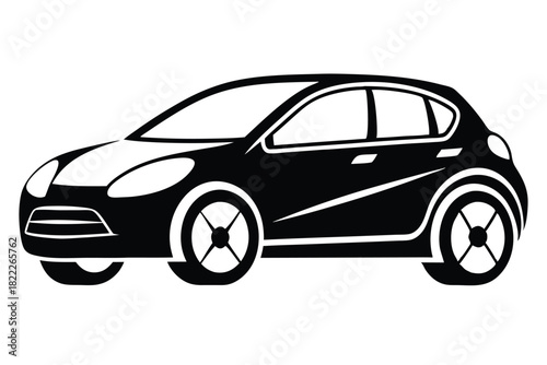 Black hatchback silhouette shows a modern car with smooth curves and simple wheel design