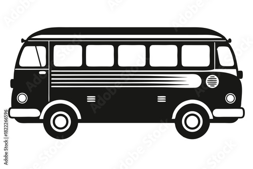 Black minibus boasts retro styling, featuring multiple windows and unique line accents against white background