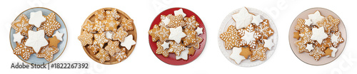 Christmas gingerbread cookies decorated with icing isolated on white, set