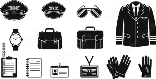 Vector Illustration of Pilot and Aviation Professional Accessories Icon Set. Uniform, Hat, Briefcase, and ID Badge Silhouettes.