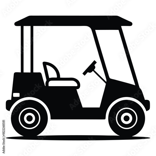 Black silhouette depicts a golf cart with visible seat and steering wheel on white