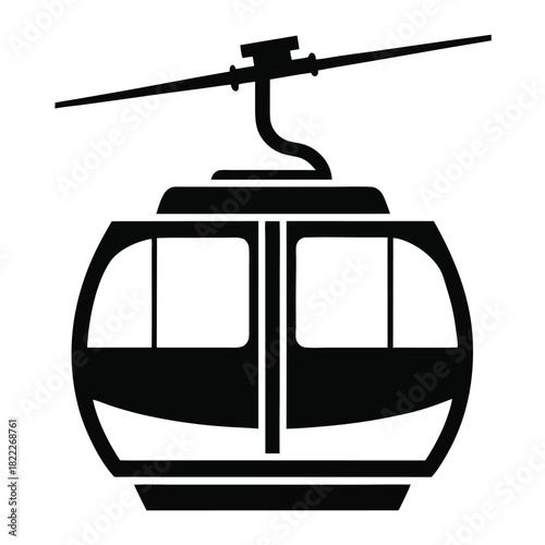 Black silhouette depicts a gondola with closed doors as it hangs from above on white