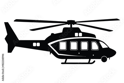 Black silhouette depicts a modern helicopter with rotor blades against a white background