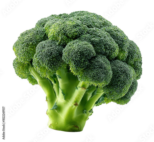 Fresh green broccoli head, isolated on transparent background, crisp texture, clean natural lighting, high detail
