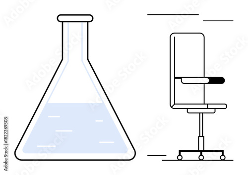 Flask partially filled with liquid beside an ergonomic office chair. Ideal for research, innovation, science, productivity, workplace balance, efficiency, and collaboration, simple flat metaphor