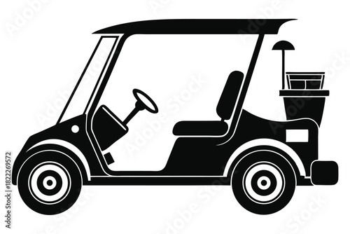 Black silhouette displays golf cart with steering wheel, seats and ball washer device